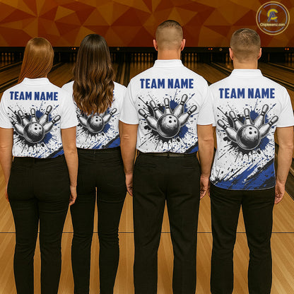 Black And Blue Splatter Paint Bowling Ball & Pins Shirts Custom Team Bowling Attire For Women NYN3447