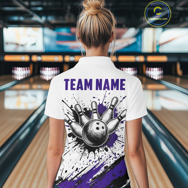 Black And Purple Splatter Paint Bowling Ball & Pins Shirts Custom Team Bowling Attire For Men NYN3448