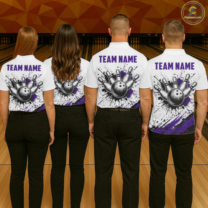Black And Purple Splatter Paint Bowling Ball & Pins Shirts Custom Team Bowling Attire For Men NYN3448