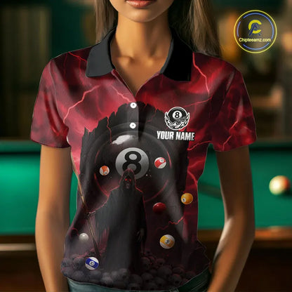 Red Multi-Skull 8 Ball Pool Women Polo & 1/4-Zip Team Shirt Custom Billiard Ball & Cue Gifts NYN2435
