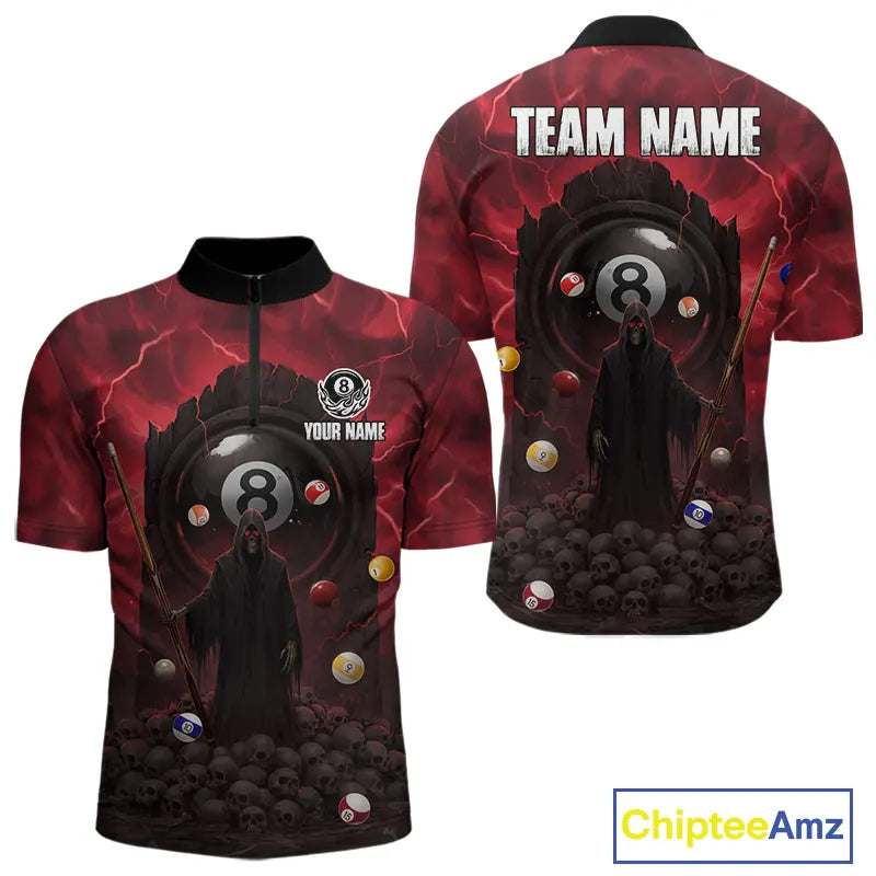 Red Multi-Skull 8 Ball Pool Men Polo & 1/4-Zip Team Shirt Custom Billiard Ball & Cue Gifts NYN2435