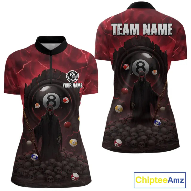 Red Multi-Skull 8 Ball Pool Women Polo & 1/4-Zip Team Shirt Custom Billiard Ball & Cue Gifts NYN2435