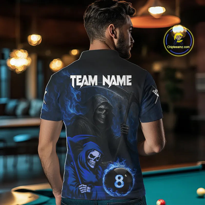 Blue Flames 8 Ball Pool Billiard Team Shirt For Men Custom Grim Reaper Billiard Balls Jerseys NYN2440