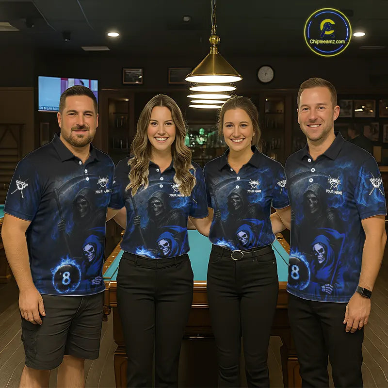 Blue Flames 8 Ball Pool Billiard Team Shirt For Women Custom Grim Reaper Billiard Balls Jerseys NYN2440