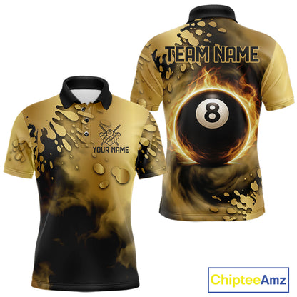 Custom Black And Gold Splatter Billiard Pool Shirts For Men Flame 8 Ball Billiard Team Attire NYN3018