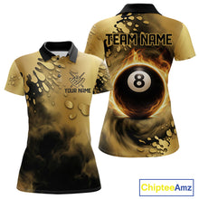 Load image into Gallery viewer, Custom Black And Gold Splatter Billiard Pool Shirts For Women Flame 8 Ball Billiard Team Attire NYN3018