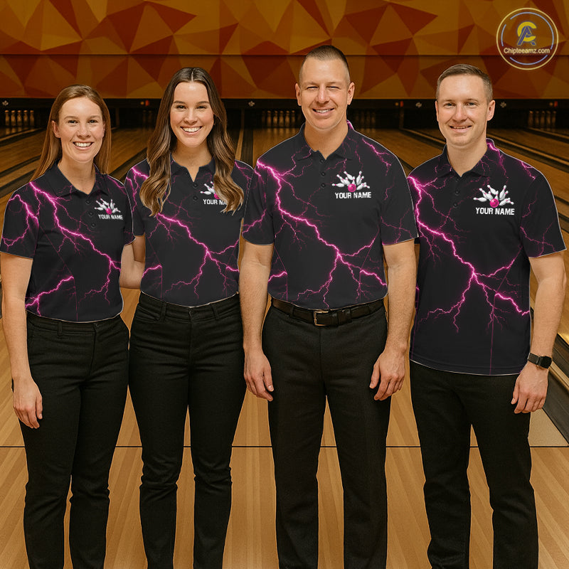 Thunder Lightning Men Bowling Shirt Custom Pink Splatter Bowling Ball & Pins Team Shirts NYN3192