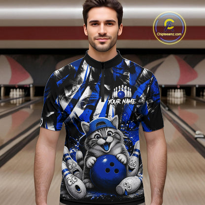 Funny Cat Blue & White Grunge Bowling Jersey For Men Custom Bowling Tournament Bowling Team Shirts NYN3198