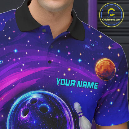Man wearing purple blue abstract bowling shirt custom league bowling apparel