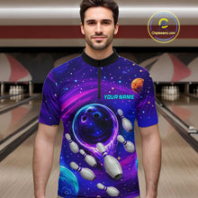 Load image into Gallery viewer, Man wearing purple blue abstract bowling shirt custom league bowling apparel