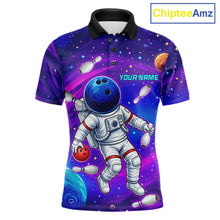 Load image into Gallery viewer, Men's funny astronaut galaxy bowling polo shirt custom bowling team jersey mockup