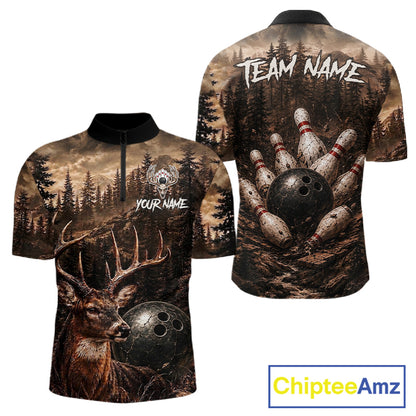 Funny deer quarter zip bowling shirt for men custom forest bowling jersey mockup