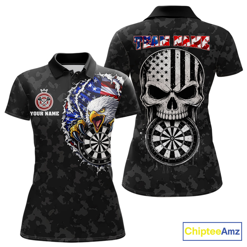 Patriotic American Flag Skull Eagle Camo Women's Darts Polo Shirt Mockup, Black Custom USA Dart Team Jersey, Personalized Tournament Apparel