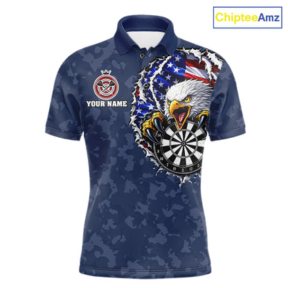 Patriotic American Flag Skull Eagle Camo Women's Darts Polo Shirt Mockup, Blue Custom USA Dart Team Jersey, Personalized Tournament Apparel