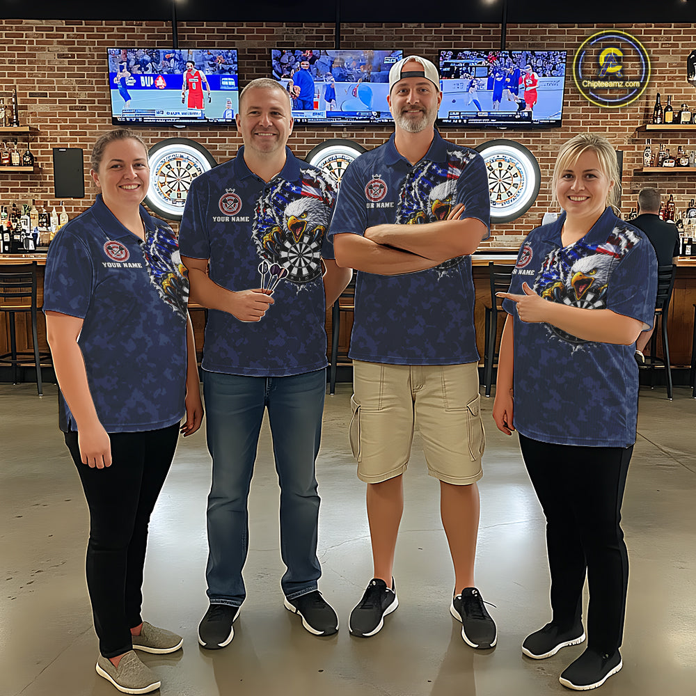Dart team wearing Patriotic Skull Eagle Blue Custom Jerseys, USA Dart Tournament Team Uniforms
