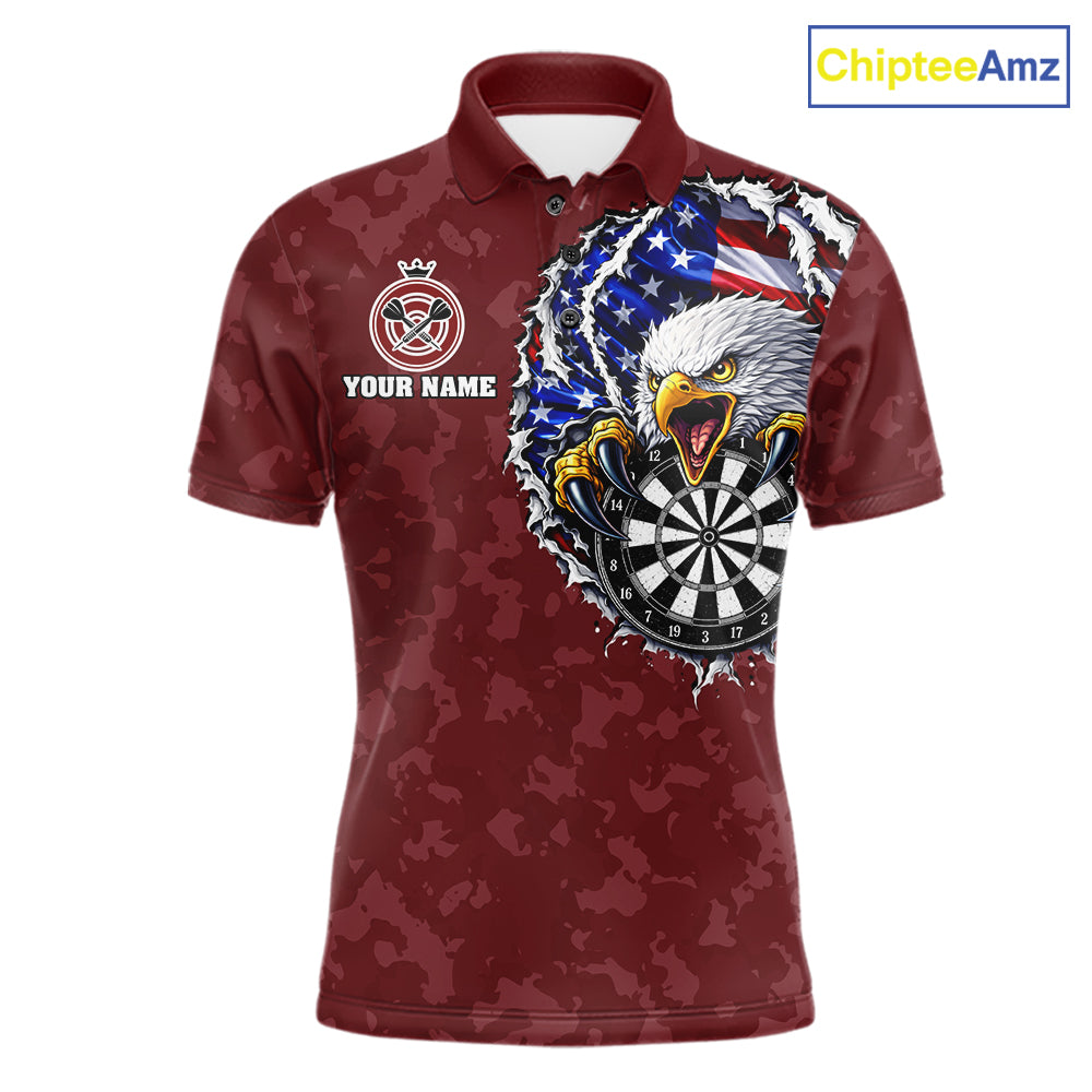 Patriotic American Flag Skull Eagle Camo Women's Darts Polo Shirt Mockup, Red Custom USA Dart Team Jersey, Personalized Tournament Apparel