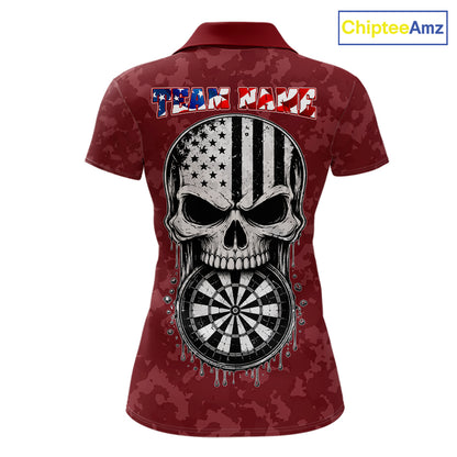 Patriotic American Flag Skull Eagle Camo Women's Darts Polo Shirt Mockup, Red Custom USA Dart Team Jersey, Personalized Tournament Apparel