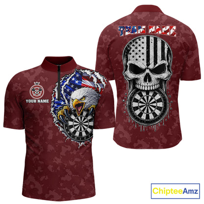 Patriotic USA Flag Skull Eagle Men's Quarter-Zip Darts Jersey Mockup, Red Personalized League Shirt