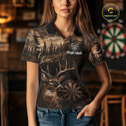Female model wearing Funny Deer Forest Dart Polo, Personalized Women's League Jersey