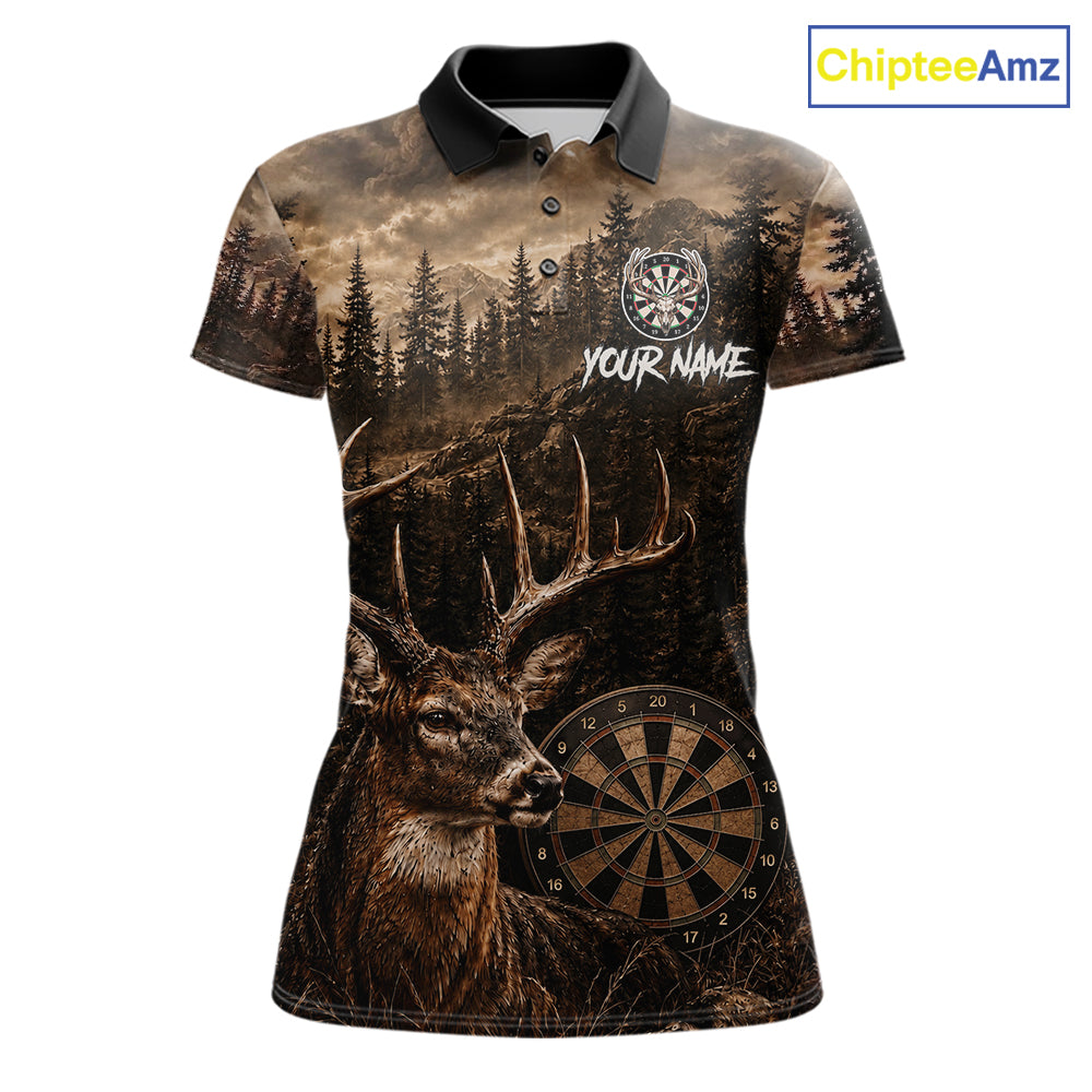 Funny Deer Women's Darts Polo Shirt Mockup, Brown Grunge Forest Dart Tournament Jersey, Personalized Hunting Dart Team Apparel