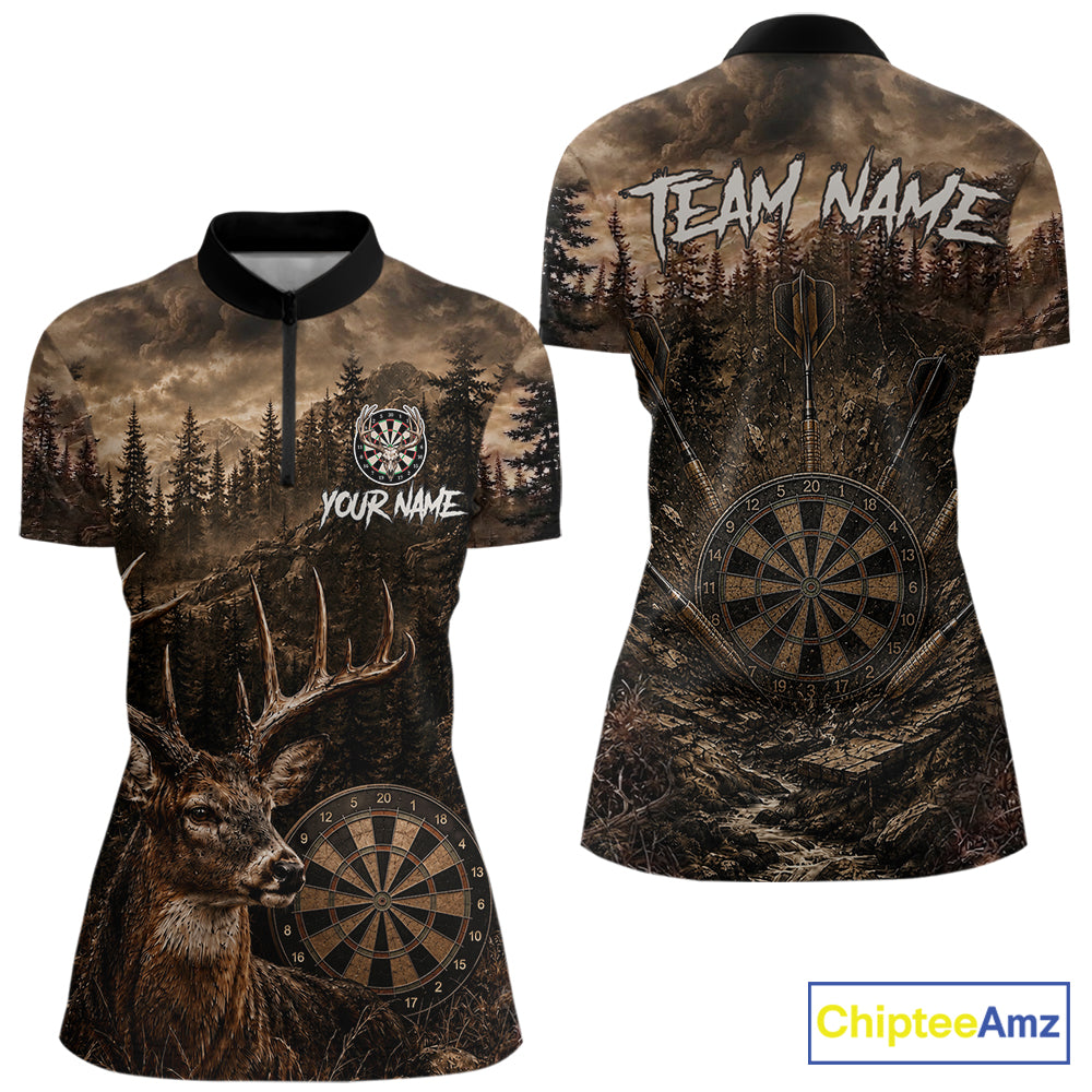 Funny Deer Women's Quarter-Zip Darts Shirt Mockup, Brown Forest Custom Tournament Jersey