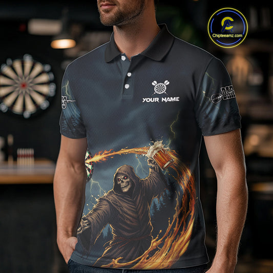 Custom Funny Play Darts & Beer Grim Reaper Dartboard Men Darts Polo Shirt Dart Jerseys NYN1914