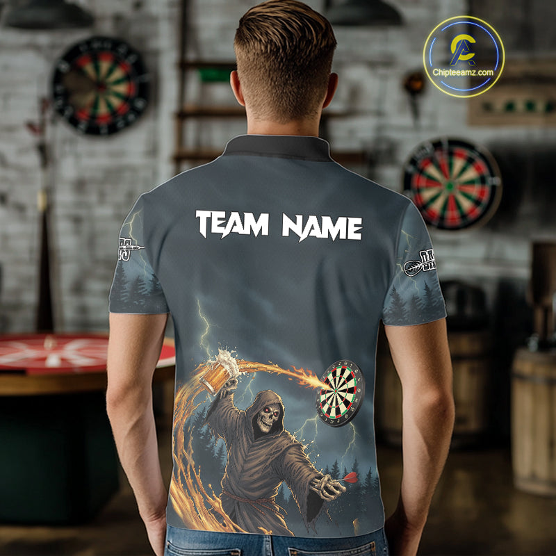 Custom Funny Play Darts & Beer Grim Reaper Dartboard Men Darts Polo Shirt Dart Jerseys NYN1914