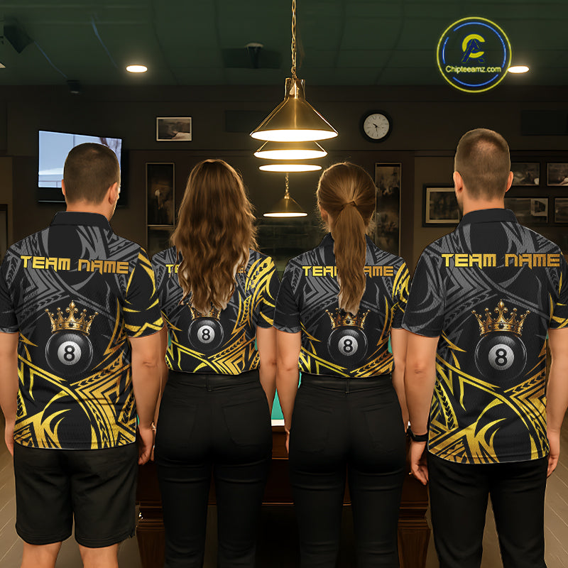 Matching Gold Tribal Crown billiard jerseys for men and women featuring luxury tribal artwork, personalized APA league uniforms, championship cue sports apparel symbolizing royalty, success, leadership, excellence and confidence, appealing to tattoo lovers, luxury fashion enthusiasts, fantasy art collectors and competitive pool players