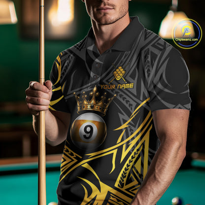 Male model wearing Gold Tribal Crown 9 Ball billiard polo featuring premium tribal artwork, personalized APA tournament jersey, championship athletic cue sports clothing with luxury styling