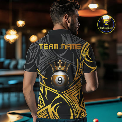 Male model wearing Gold Tribal Crown 9 Ball billiard polo featuring premium tribal artwork, personalized APA tournament jersey, championship athletic cue sports clothing with luxury styling