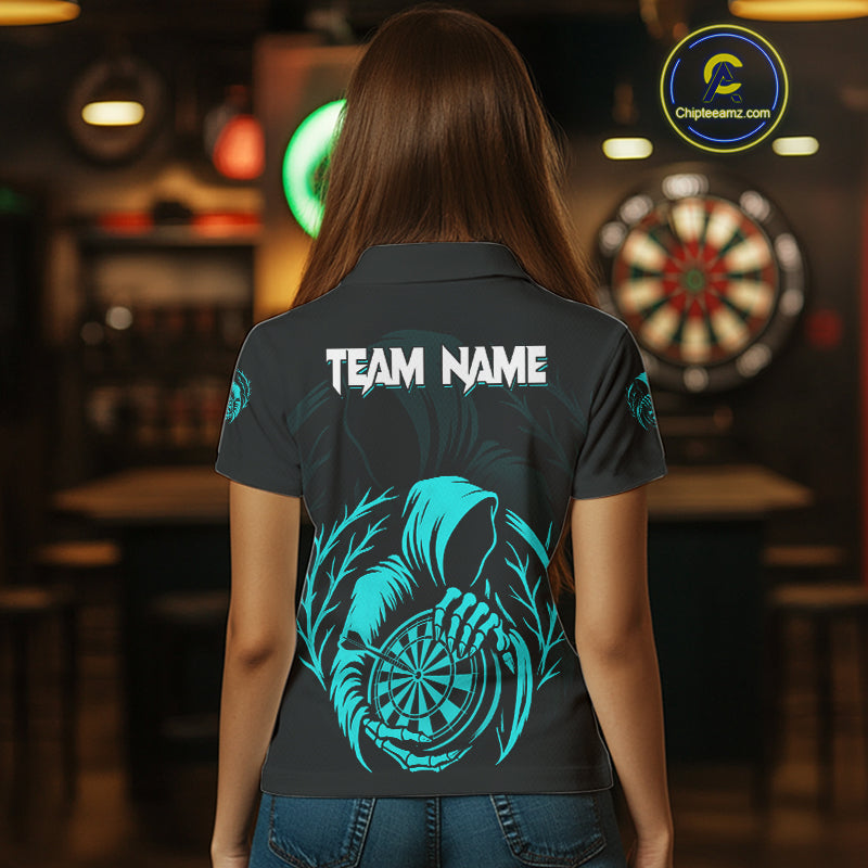 Custom Black And Turquoise Grim Reaper Dartboard Dart Women Polo Shirt Outfits Dart Jerseys NYN1638