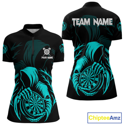 Custom Black And Turquoise Grim Reaper Dartboard Dart Women 1/4-Zip Shirt Outfits Dart Jerseys NYN1638