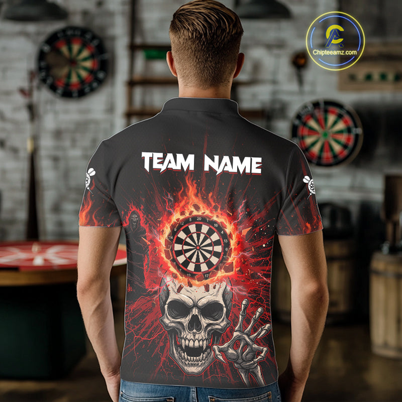 Red Skeleton Flames Cracked Dartboard Custom Men Darts Polo Shirt Dart Jerseys NYN1920