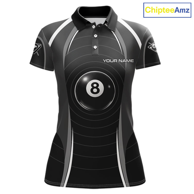 Black Blur 8 Ball Pool Polo & 1/4-Zip Team Shirt For Women Personalized Billiards Ball Apparel NYN2453