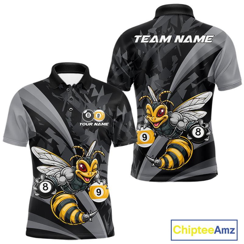 Grey Funny Bee men's billiard polo featuring cheerful bee artwork, personalized cue sports jersey, 8 Ball & 9 Ball tournament apparel, championship pool league performance clothing
