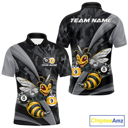 Grey Funny Bee men's billiard polo featuring cheerful bee artwork, personalized cue sports jersey, 8 Ball & 9 Ball tournament apparel, championship pool league performance clothing