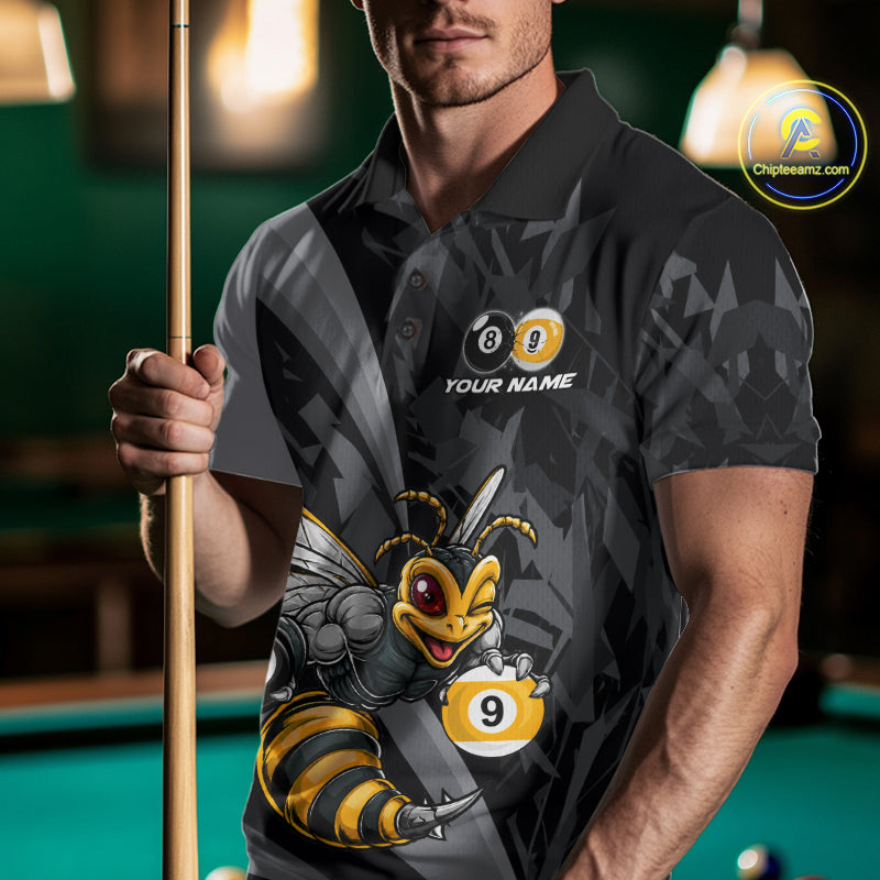 Male model wearing Funny Bee pool jersey featuring personalized championship tournament apparel, cue sports performance clothing, adorable bee mascot athletic uniform for APA and BCA events
