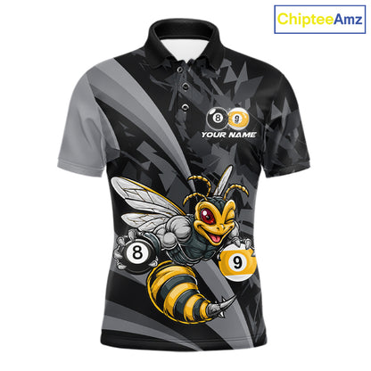 Grey Funny Bee men's billiard polo featuring cheerful bee artwork, personalized cue sports jersey, 8 Ball & 9 Ball tournament apparel, championship pool league performance clothing