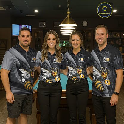 Matching Funny Bee billiard jerseys for men and women featuring cheerful bee mascot symbolizing teamwork, dedication, persistence, productivity and success, ideal for APA, BCA and VNEA leagues, family teams, nature lovers, environmental advocates, wildlife enthusiasts, recreational pool clubs and championship cue sports competitions
