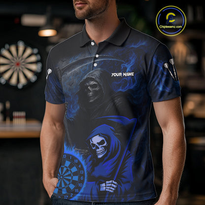 Custom Blue Smokes Flame Dartboard Grim Reaper Dart Men Polo Jerseys Dart Team Shirt NYN1655