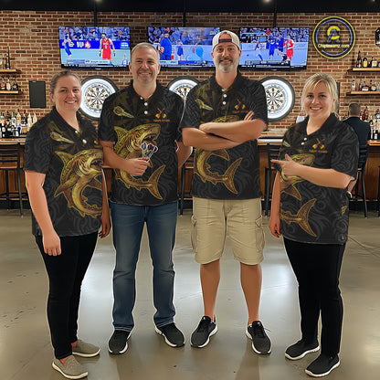 Personalized Black & Gold Funny Shark Tribal Dart Polo Shirts Men Dart Team Jerseys NYN2186