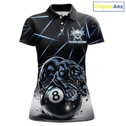 Blue Funny Panther 8 Ball Pool Polo & 1/4-Zip Team Shirt For Women Custom 3D Billiards Ball Apparel NYN2462