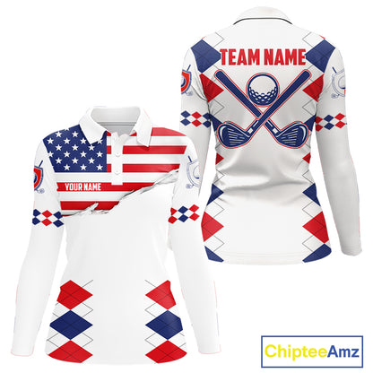 Womens US Flag Golf Shirts Patriotic Golf Jersey Custom Red And Blue Golf Polo Clothes, Golf Gifts NYN3054