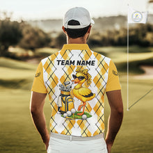 Load image into Gallery viewer, Mens Funny Duck Golfer Polo Golf Shirts Custom White Yellow Argyle Golf Team Attire For Golfers NYN3057