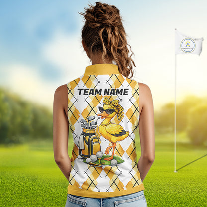 Womens Funny Duck Golfer Sleeveless Polo Golf Shirts Custom White Yellow Argyle Golf Attire For Golfers NYN3057