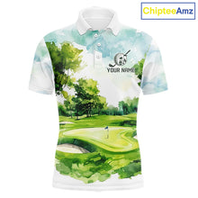 Load image into Gallery viewer, Men's green watercolor golf course polo shirt mockup personalized golf apparel