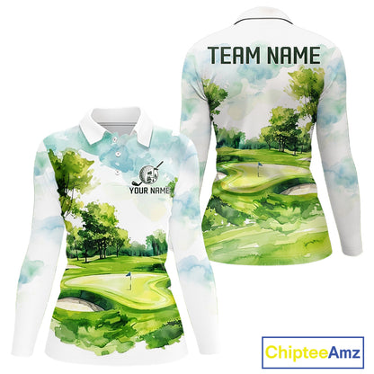 Women's green watercolor golf course polo shirt mockup personalized golf apparel