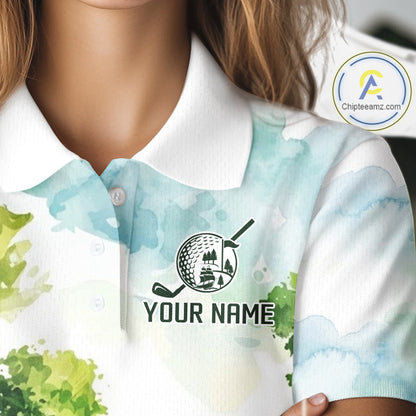 Woman wearing watercolor golf course golf polo shirt on fairway