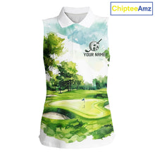 Load image into Gallery viewer, Women's green watercolor golf course polo shirt mockup personalized golf apparel