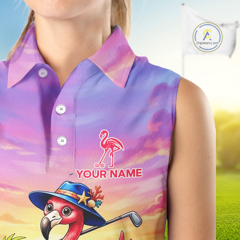 Woman wearing flamingo island golf sleeveless polo shirt on golf course